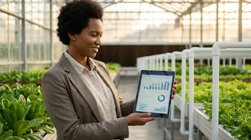 Professional agronomist using digital tools in a greenhouse